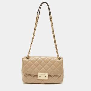 Pre Owned Michael Kors Beige Quilted Patent Leather Large Sloan Shoulder Bag