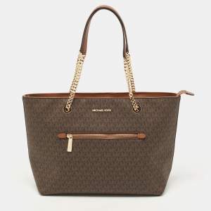Pre Owned Michael Kors Brown Signature Coated Canvas and Leather Large Front Zip Chain Tote