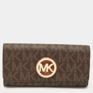 Pre Owned Michael Kors Beige/Brown Signature Coated Canvas Fulton Flap Continental Wallet
