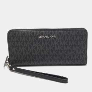 Pre Owned Michael Kors Grey/Black Signature Coated Canvas Zip Around Wristlet Wallet