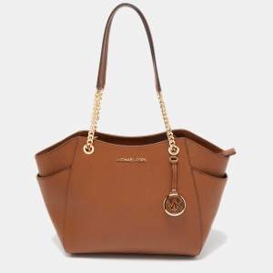 Pre Owned Michael Kors Brown Leather Jet Set Travel Chain Tote