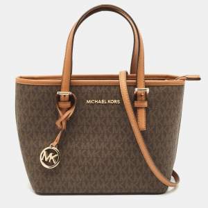 Pre Owned Michael Kors Brown Signature Coated Canvas and Leather Small Carryall Jet Set Tote
