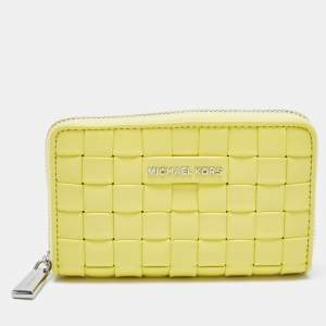 Pre Owned  Michael Kors Yellow Intrecciato Leather Zip Around Compact Wallet