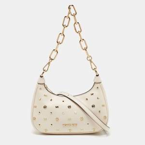 Pre Owned Michael Kors Cream Leather Embellished Cora Crossbody Bag