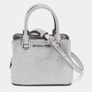 Pre Owned Michael Kors Silver Glitter Fabric XS Savannah Satchel