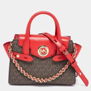 Pre Owned Michael Kors Red/Brown Signature Coated Canvas and Leather Extra Small Carmen Satchel