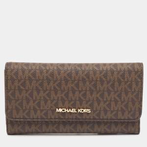 Pre Owned Michael Kors Brown Signature Coated Canvas Large Jet Set Travel Trifold Wallet