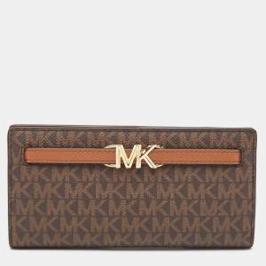Pre Owned Michael Kors Brown Signature Coated Canvas Large Reed Wallet