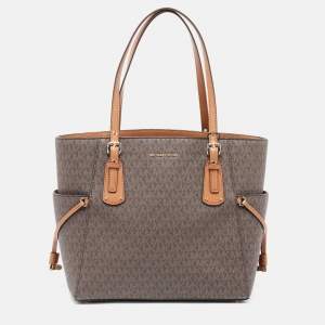 Pre Owned Michael Kors Brown/Tan Signature Coated Canvas and Leather Voyager Tote 
