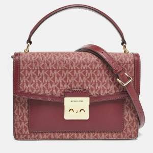 Pre Owned Michael Kors Burgundy Signature Coated Canvas Medium Johara Top Handle Bag