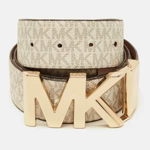 Pre Owned Michael Kors Logo Cut to Size Reversible Buckle Belt White Signature Coated Canvas and Leather