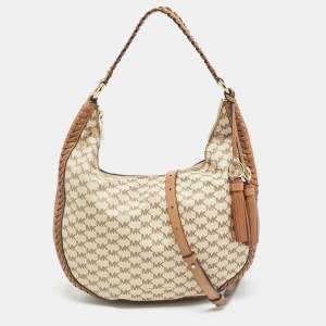 Michael Kors Beige/Brown Signature Coated Canvas and Leather Lauryn Hobo