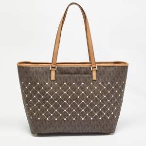 Michael Kors Brown Signature Coated Canvas and Leather Jet Set Violet Tote