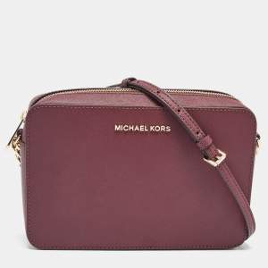 Pre Owned Michael Kors Burgundy Leather Jet Set Crossbody Bag