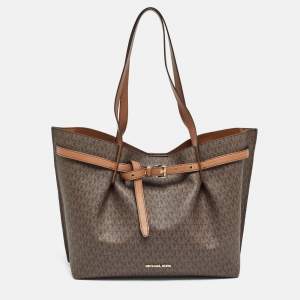 Pre Owned Michael Kors Brown Signature Coated Canvas and Leather Large Emilia Tote