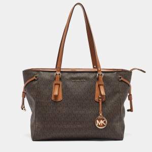Pre Owned Michael Kors Brown Signature Coated Canvas and Leather Voyager Shopper Tote