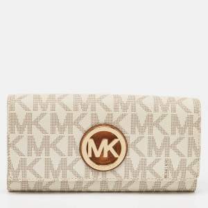 Michael Kors White/Brown Signature Coated Canvas and Leather Fulton Continental Wallet