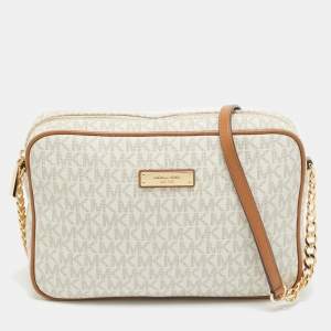 Pre Owned Michael Kors Off White/Brown Signature Coated Canvas and Leather East/West Crossbody Bag