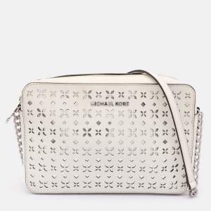 Pre Owned Michael Kors White Leather Laser Cut East West Crossbody Bag