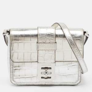 Pre Owned Michael Kors Silver Croc Embossed Leather Crossbody Bag