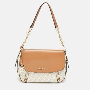 Pre Owned Michael Kors Brown/Off White Signature Coated Canvas and Leather Bedford Legacy Shoulder Bag