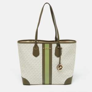 Michael Kors White/Green Signature Coated Canvas and Leather Large Jet Set Tote