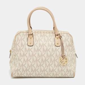Michael Kors Off White Signature Coated Canvas and Leather Charm Satchel
