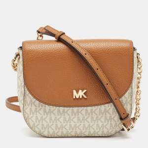 Pre Owned Michael Kors Beige/Tan Signature Coated Canvas and Leather Mott Crossbody Bag