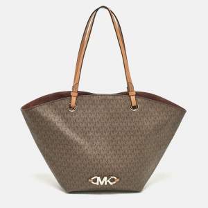 Pre Owned Michael Kors Dark Brown Signature Coated Canvas and Leather Izzy Tote