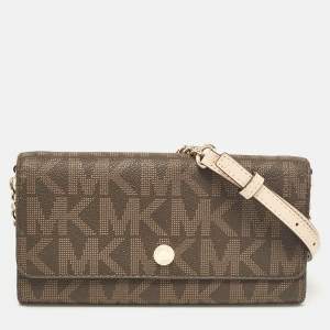 Michael Kors Dark Brown Signature Coated Canvas Jet Set Wallet On Chain