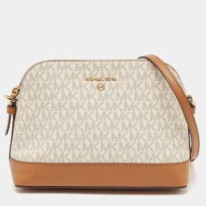 Michael Kors White/Brown Signature Coated Canvas and Leather Dome Crossbody Bag