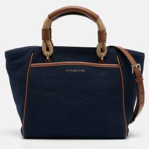 Michael Kors Navy Blue/Brown Canvas Small Talia Tote