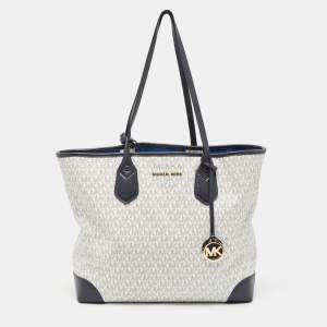 Pre Owned Michael Kors Navy Blue/White Signature Coated Canvas and Leather Large Eva Tote