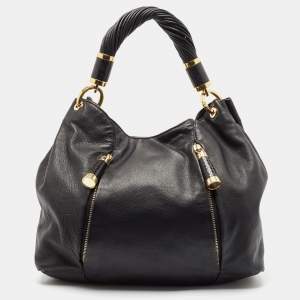 Michael Kors Black Leather and Snakeskin Embossed Tonne Hobo