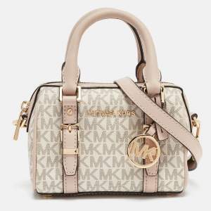 Pre Owned Michael Kors Pink/Grey Signature Coated Canvas Extra Small Bedford Legacy Crossbody Bag