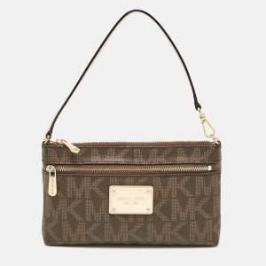Pre Owned Michael Kors Dark Brown Signature Coated Canvas and Leather Wristlet Clutch