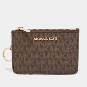 Michael Kors Dark Brown/Beige Signature Coated Canvas and Leather Zip Card Holder