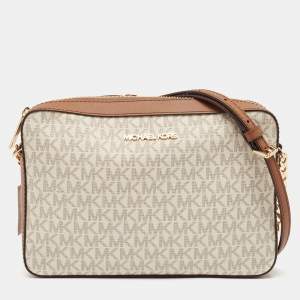 Pre Owned Michael Kors White/Brown Signature Coated Canvas and Leather Large Jet Set Crossbody Bag