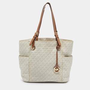 Michael Kors White/Brown Signature Coated Canvas Jet Set Tote
