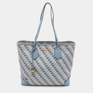 Pre Owned Michael Kors Light Blue/White Signature Coated Canvas and Leather Large Eva Tote