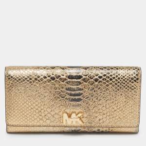 Pre Owned Michael Kors Gold Python Embossed Leather Continental Wallet