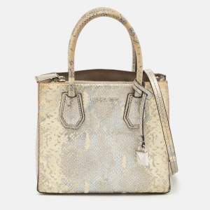 Michael Kors Cream/Silver Python Embossed Leather Small Mercer Tote