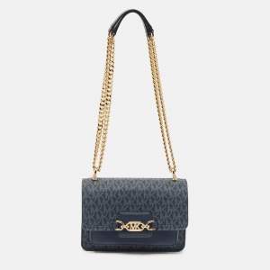 Michael Kors Navy Blue Signature Coated Canvas and Leather Heather Shoulder Bag