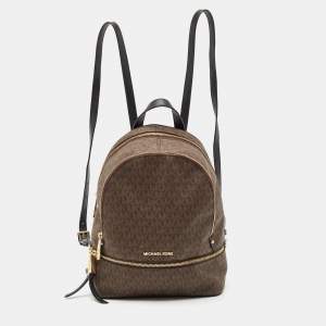 Michael Kors Brown Signature Coated Canvas and Leather Medium Rhea Backpack