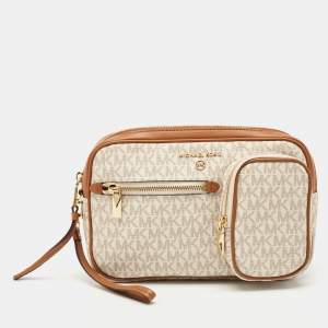 Michael Kors White/Brown Signature Coated Canvas Jet Set Travel Pouch