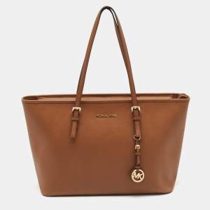 Michael Kors Brown Leather Large Jet Set Top Zip Tote