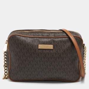 Michael Kors Brown Signature Coated Canvas and Leather Jet Set Crossbody Bag