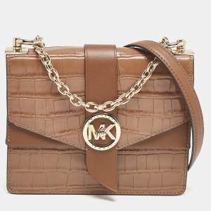 Michael Kors Brown Croc Embossed Leather Small Greenwich Crossbody Bag