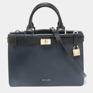 Michael Kors Navy Blue/Black Leather Medium Tatiana Satchel