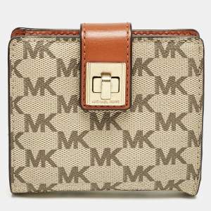 Michael Kors Beige/Orange Signature Coated Canvas Natalie Heritage Compact Wallet